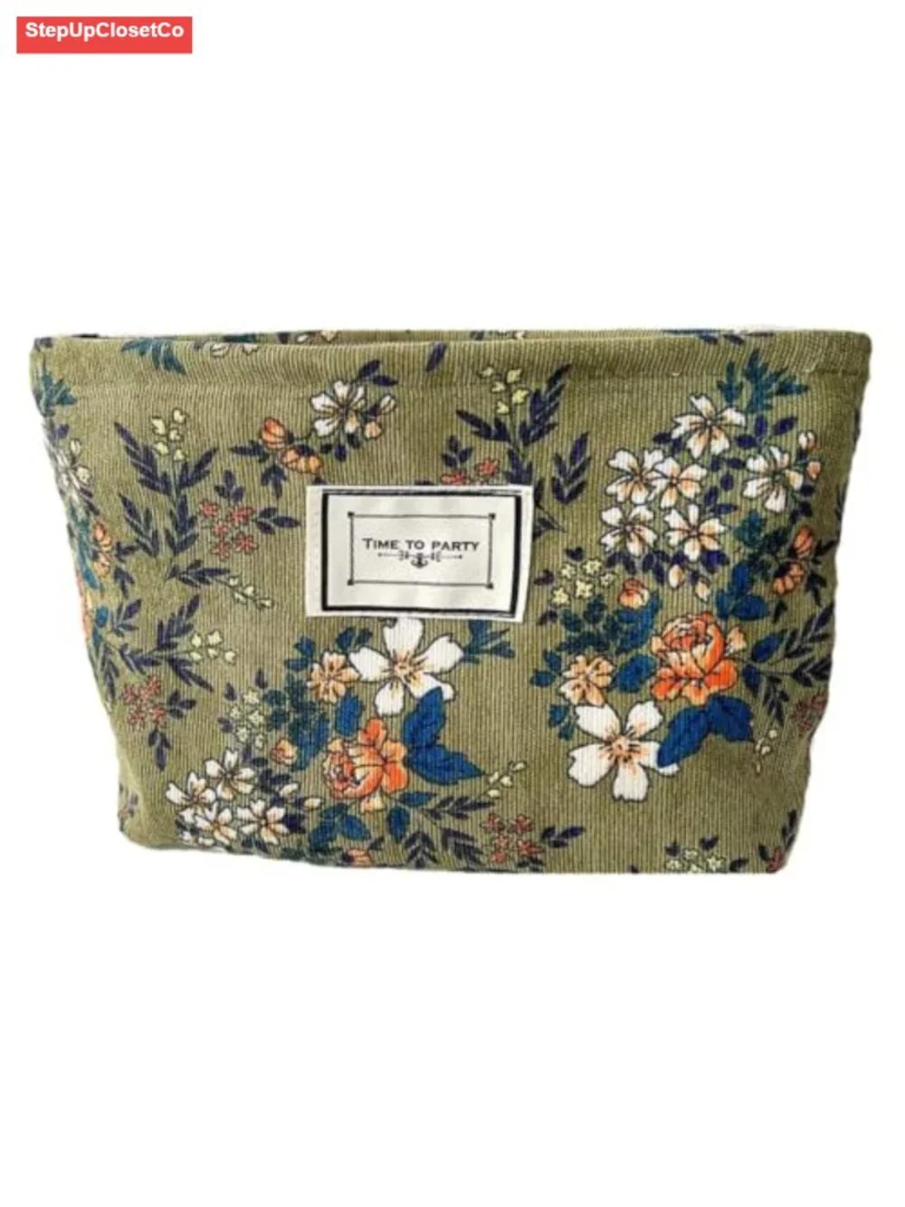 Floral Corduroy Canvas Cosmetic Bag, Large Travel Toiletry Organizer Pouch